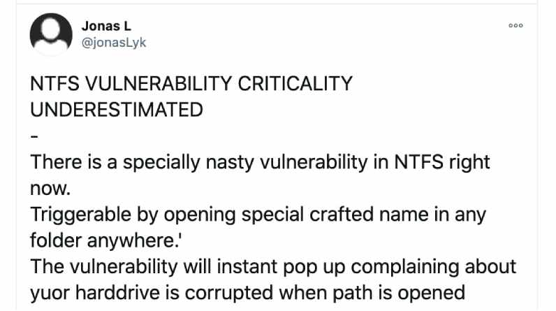 Microsoft is planning to fix a Windows 10 vulnerability that could corrupt a NTFS-formatted hard drive simply by viewing a folder with a malicious shortcut